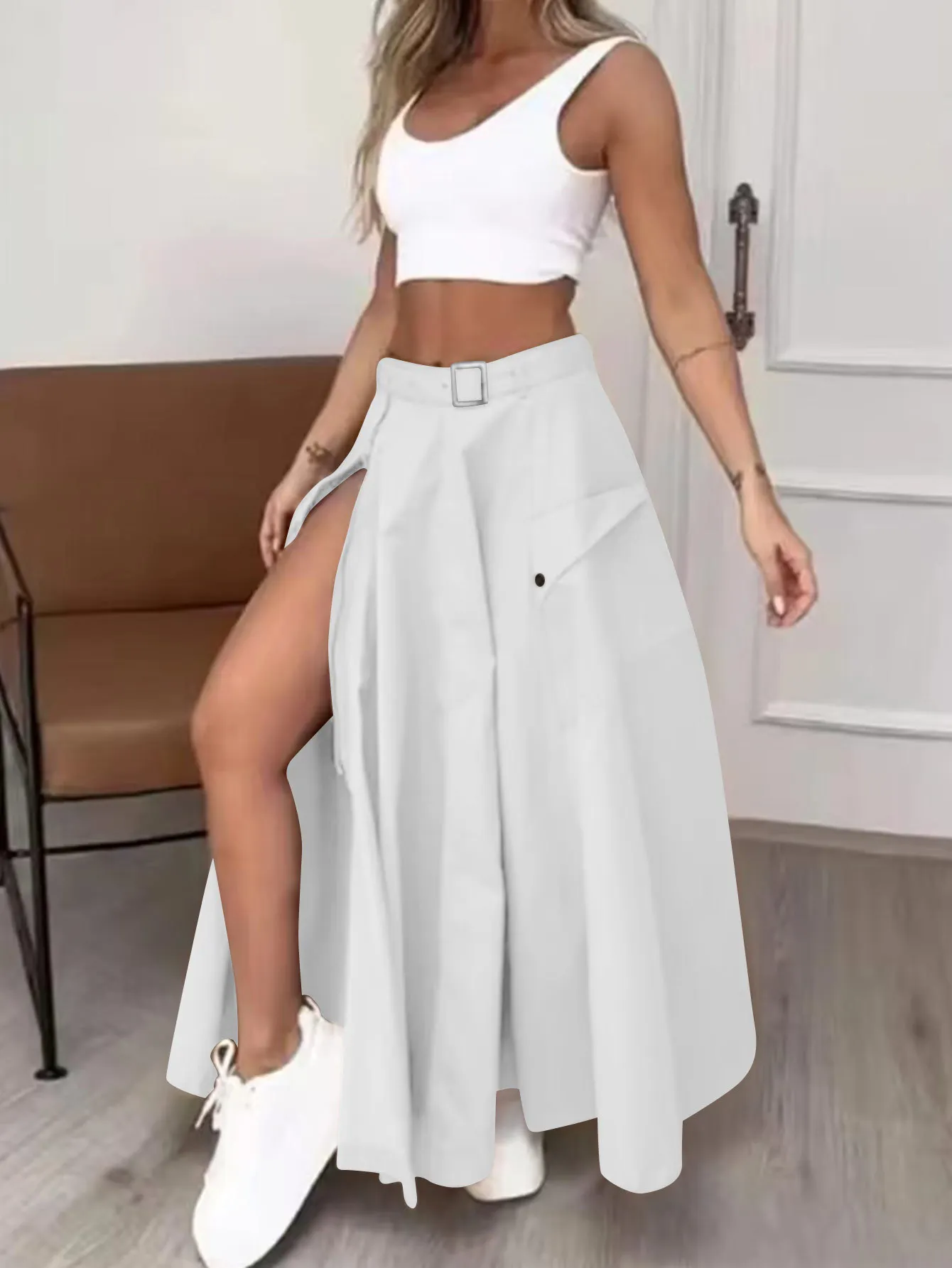 Elegant Skirt Women Irregular Split Long Skirts Belt A Line Loose Solid Casual Splice Outwear Autumn High Waist Streetwear