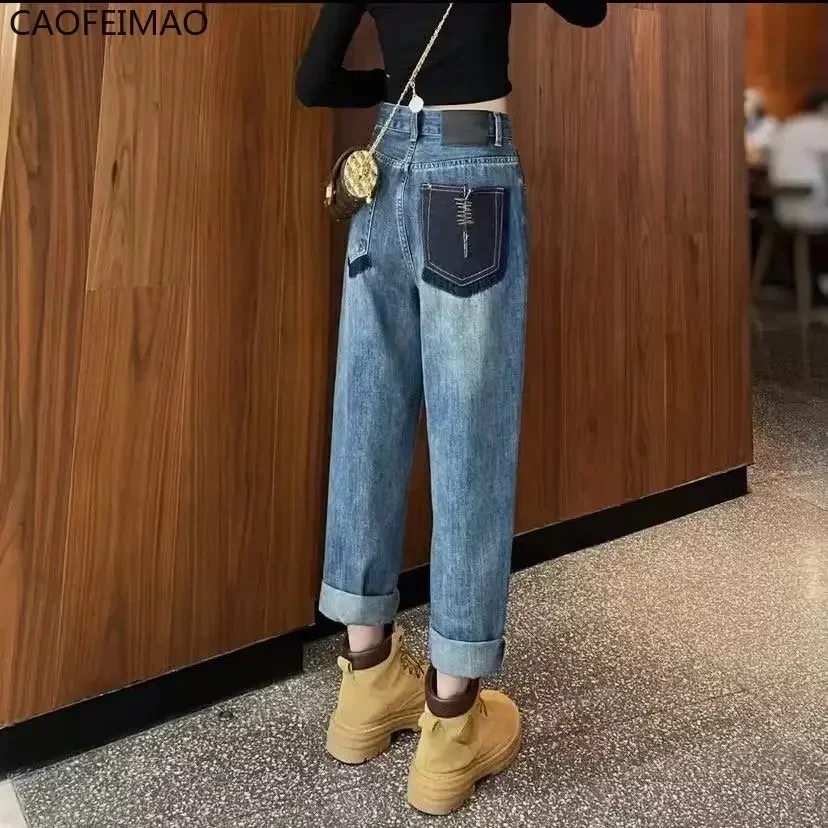 

Caofeimao Vintage High-waisted Jeans Female Autumn and Winter 2023 New Loose and Thin Harlan Daddy Pants Ins Hot Girl Tide