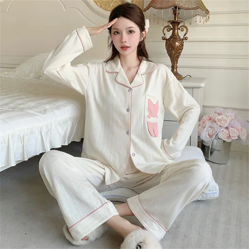 Lapel Collar Pajama Sets For Women Long Sleeve Cotton Pyjamas Femme Autumn Winter Sleepwear 2PCS Nightwear Home Clothing New