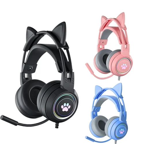 Auriculares con orejas de gato y micrófono para PS5, cascos de graves HiFi estéreo, RGB, negro y rosa, para PC, portátil, teléfono y Xbox