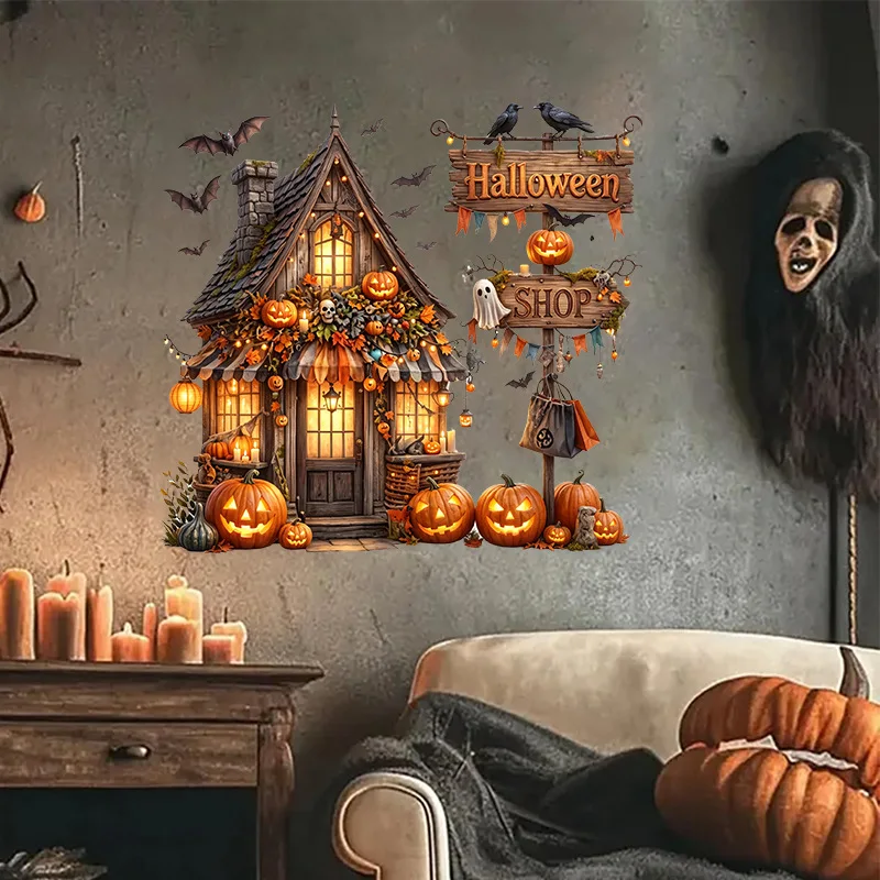 Spooky Halloween Magic Cottage Wall Decal, Self‑Adhesive Holiday Wall Sticker, Shop Living Room Hallway Home Art Wall Decoration