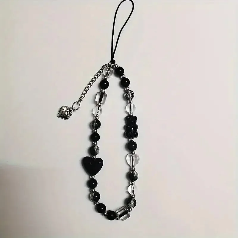 Cordão para Celular e Chaveiro Feminino, Corrente para Pendurar Capa de Celular, com Pingente de Morango, Coração Preto e Urso Fofo, Alça de Pulso e Cordão para Chaves