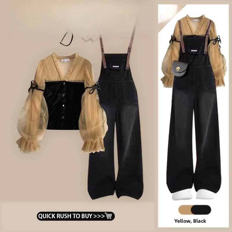 

Casual Faionable irt Top with Denim Overalls Two-Piece Set Slimming Waist Vintage Summer New Arrival Women's Clothing