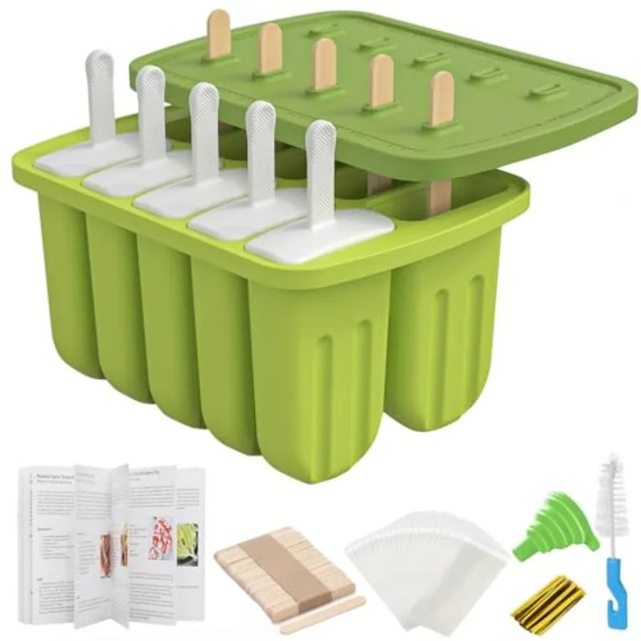 

Popsicle Molds 10 Pieces Silicone Ice Pop Molds BPA Free Homemade Reusable Ice Pop Maker with 50 Wooden Sticks, 50 Bags, 10 Reu