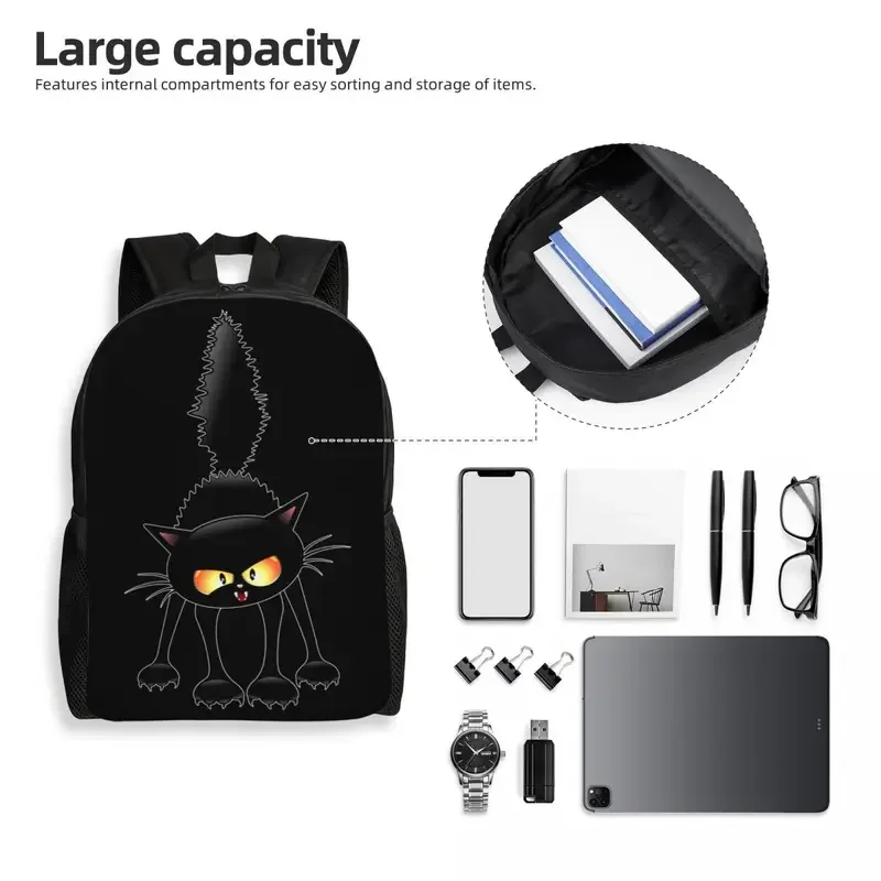 Śmieszne kreskówki Fierce Black Cat plecaki dla kobiet mężczyzn szkolne studenci Bookbag pasuje do 15-calowych toreb na laptopa