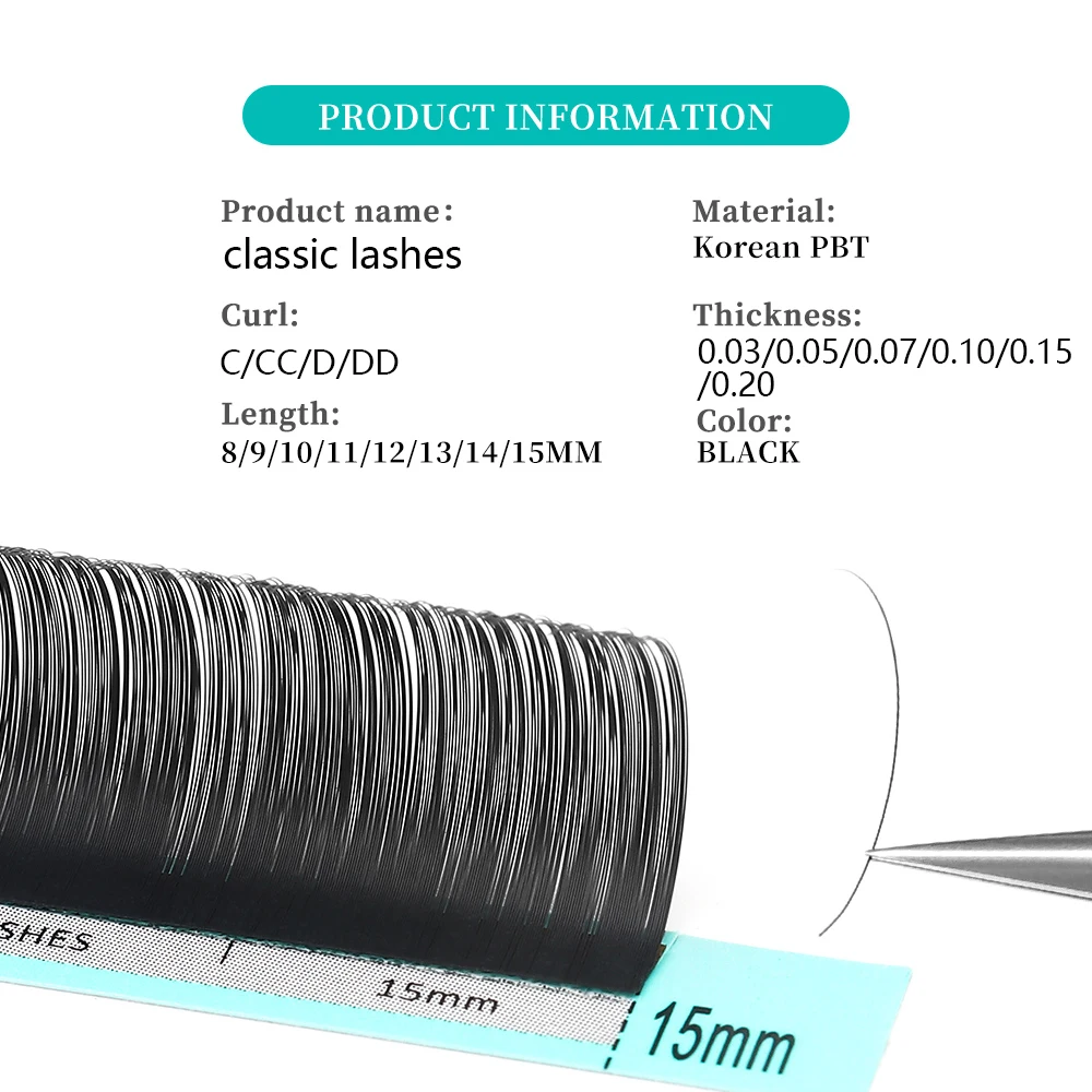 Elegant classic eyelash extension: C/CC/D/DD curve, 0.03/0.05/0.07mm thickness, 6-15mm length, natural style