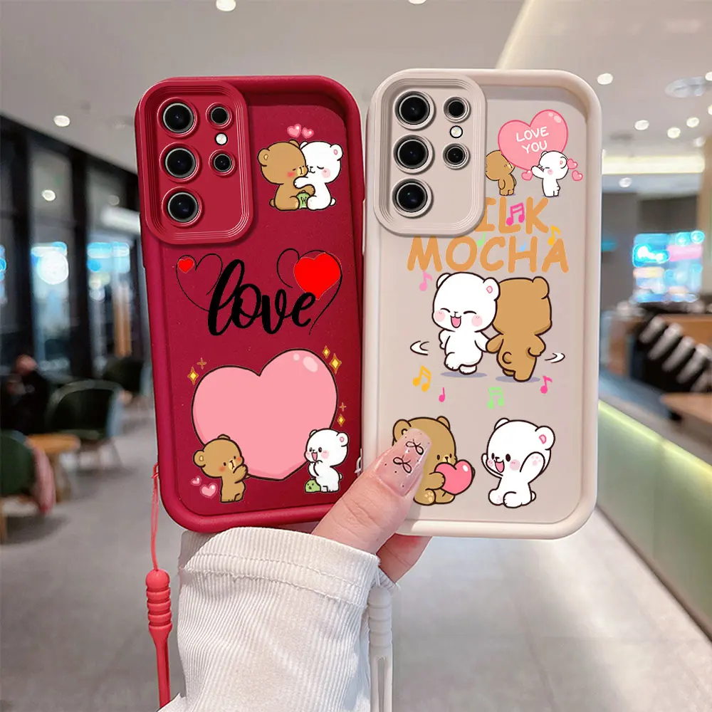 Cute Panda Dudu Bubu Phone Case for Samsung S24 S23 S22 S21 S20 FE Plus NOTE 20 Ultra 5G Soft Silicone TPU Cover with Hand Strap