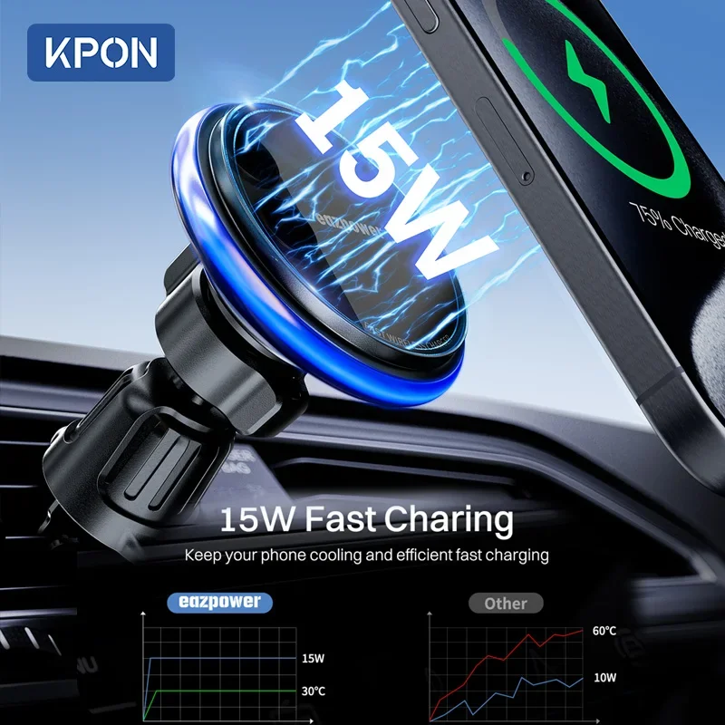 KPON Magnetic Car Phone Holder Wareless Charging Adjustable 360° 15W Air Vent Universal  for iPhone 14 15 16 Smartphone  Stand