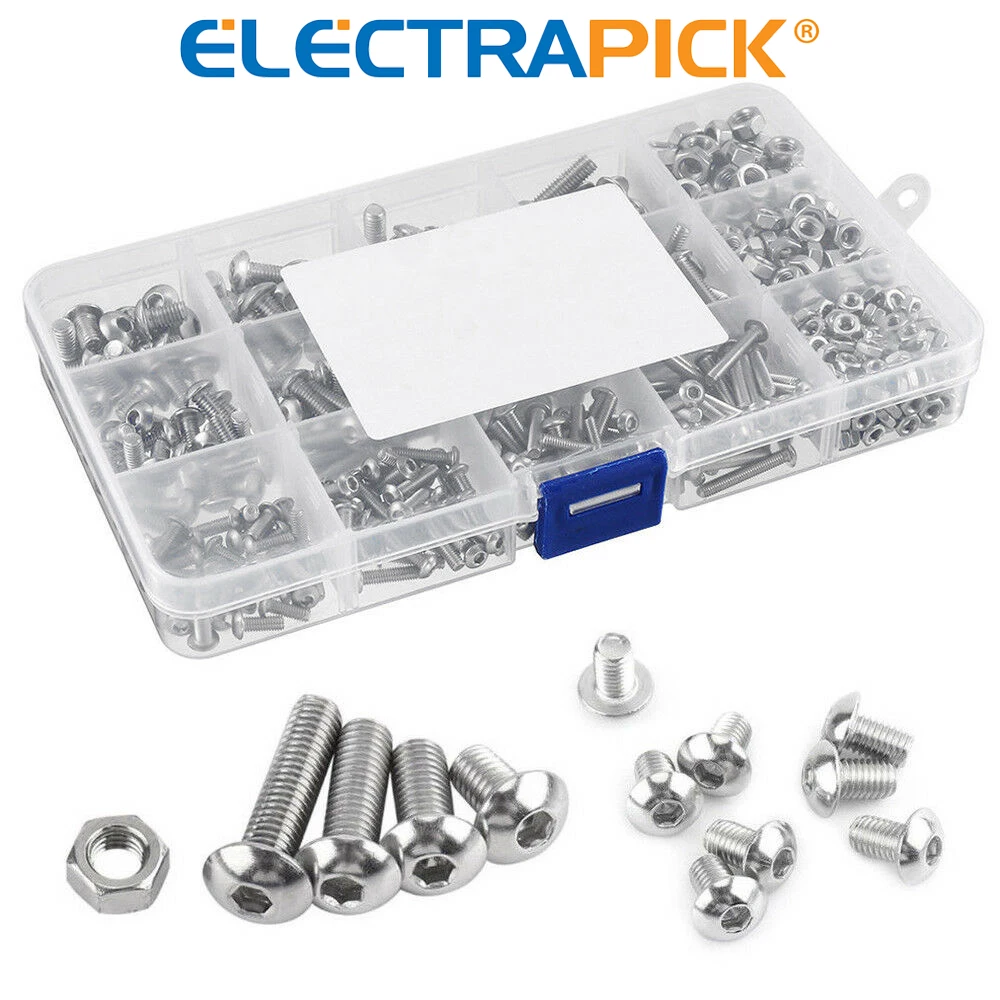 

ELECTRAPICK 500pcs M3 M4 M5 304 Stainless Steel Hexagon Hex Socket Head Button Head Allen Bolt Screw Set Bolt Nut Fasteners