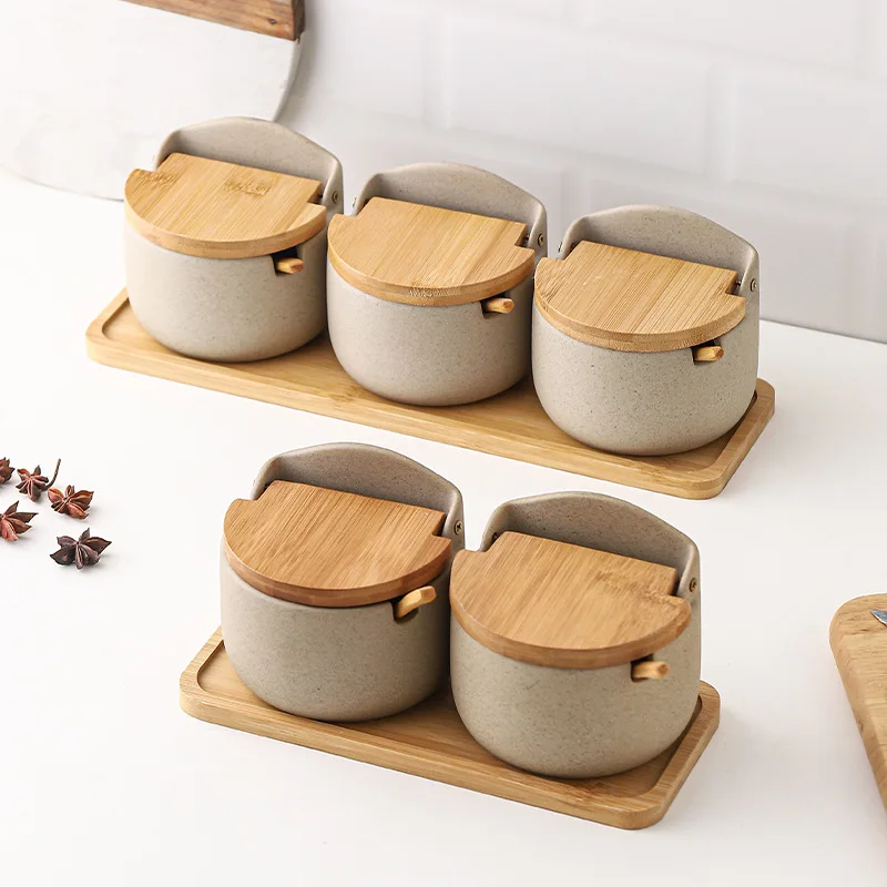 Ceramic Seasoning Jars with Wooden Lid Salt Shakers Kitchen Supplies White Spice Organizer Canister Spoon Set White Sugar Box