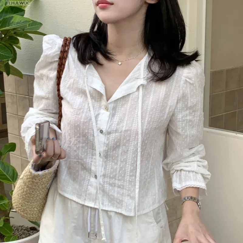 2023 Women Cute Tops Preppy Style Vintage Japaneses Korea Design Single Breasted Button Elegant White Lace Shirts Blouses