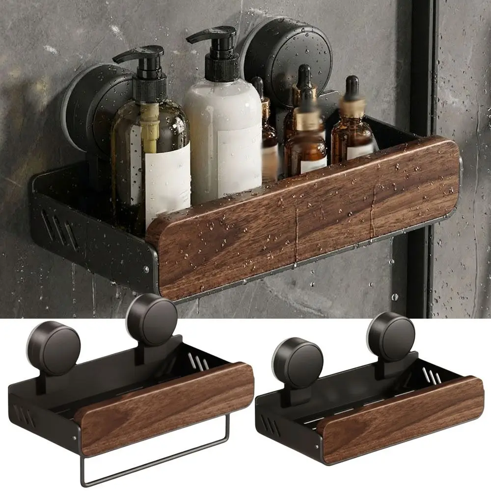 

Mid-Century Modern Bathroom Shelf Strong Grip Space Saving Wall Mounted Organizer Walnut Finish Suction Cup