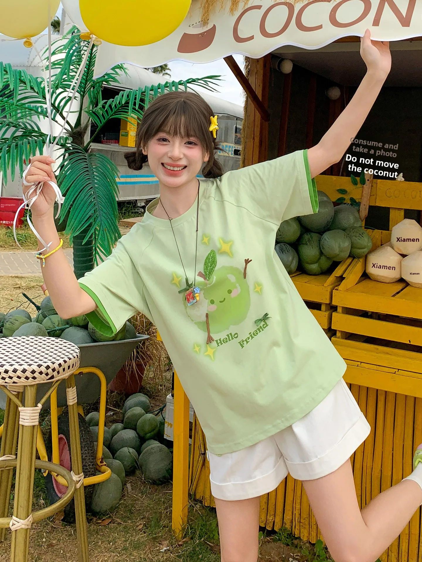 

Sweet Style Loose Fit Short Sleeve round Neck T-Shirt Women's New Fashion Green Color Block Casual Summer Top
