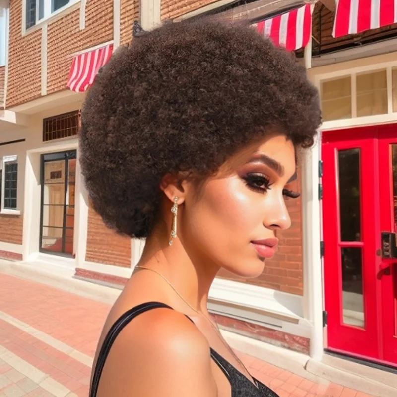 앞머리가 있는 짧은 아프로 곱슬머리 인모 가발, 전체 기계 제작 가발