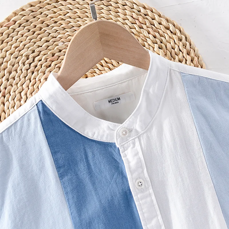 Japanese Fresh Striped Shirt Men Daily Three-quarter Sleeve Shirt Stand Collar Pure Cotton Casual Shirts Fashion Comfortable Top