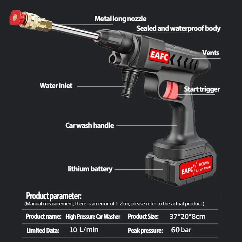 EAFC 60Bar Electric Cordless High Pressure Cleaner Washer Water Gun Car Wash Portable Rechargeable  Battery Cleaning Machine