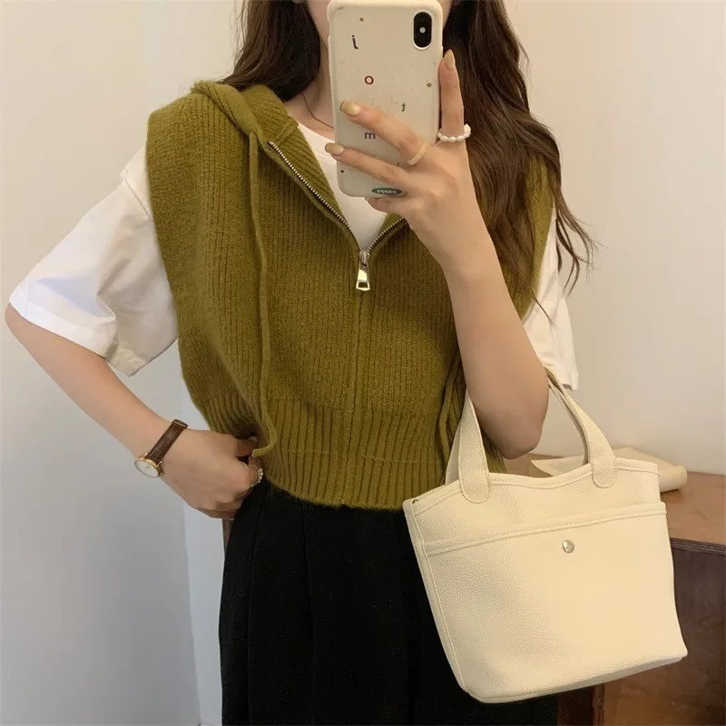 Hooded Sweater Vest kpop zipper knitted cardigan loose women Sleeveless Jumper Tops knitwears womens clothing y2k coat NS5926