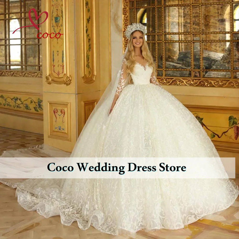 

Customized Gorgeous Three Quarter Sleeve Lace Shiny Beading Sequins Lace Princess Ball Gown Wedding Dresses Vestidos De Novia