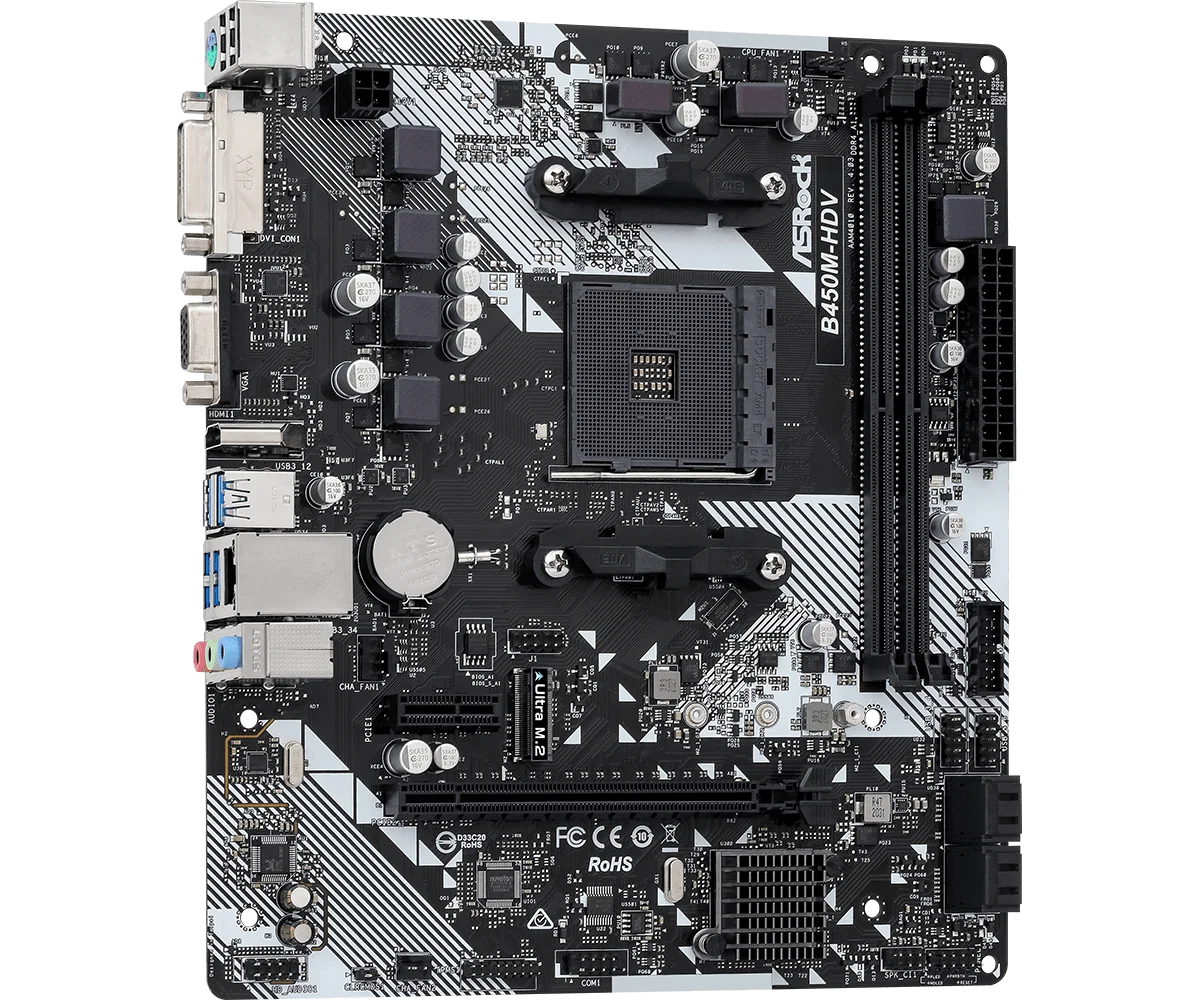 ASRock B450M-HDV R4.0 메인보드, B450 칩셋, AM4 소켓, Ryzen 5 5500, 5600G, 7 5700G, 7 3700X CPU 지원…