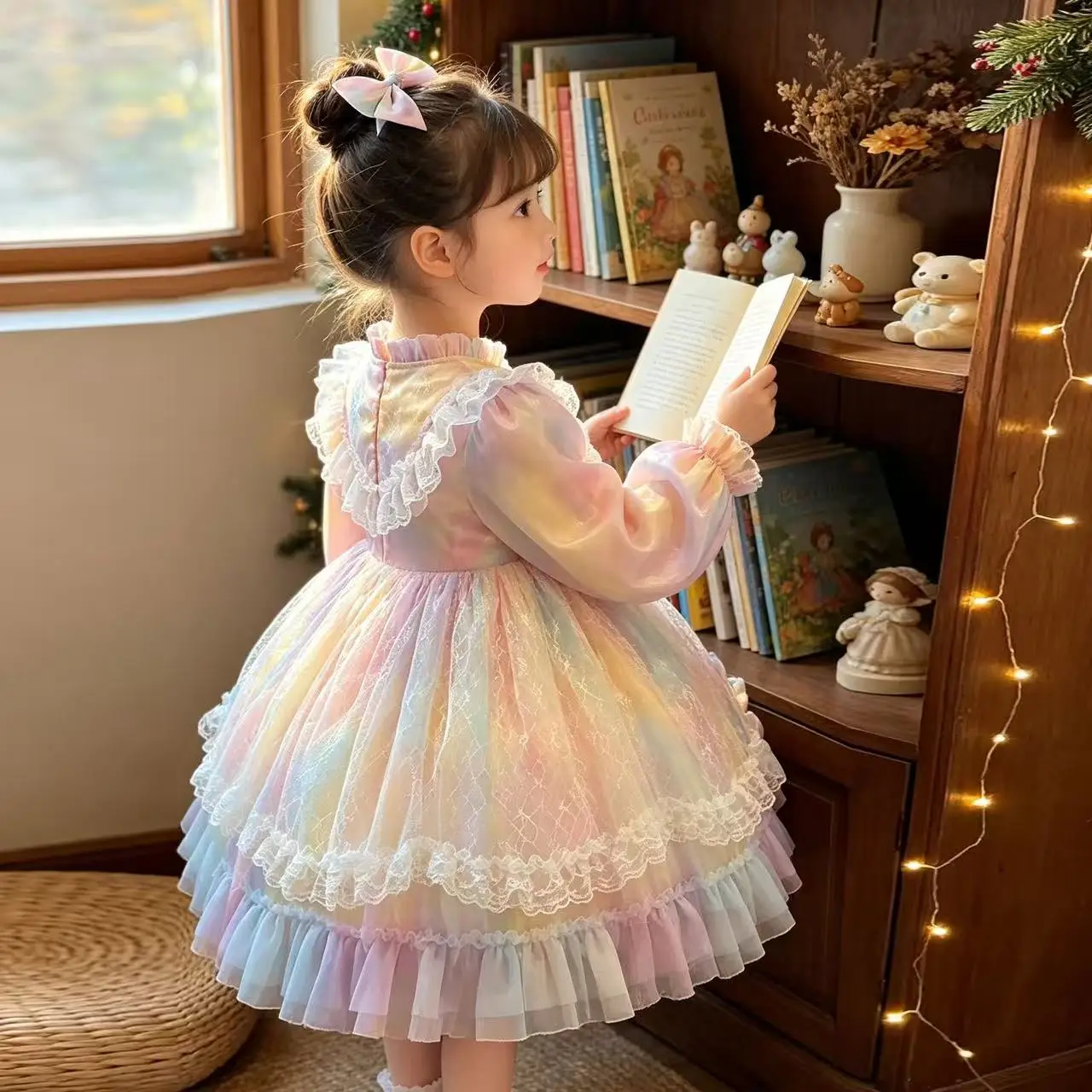Girls Autumn Winter Lolita Dress Rainbow Gradient Puffy Skirt Cute Princess Birthday Party Dress for Kids