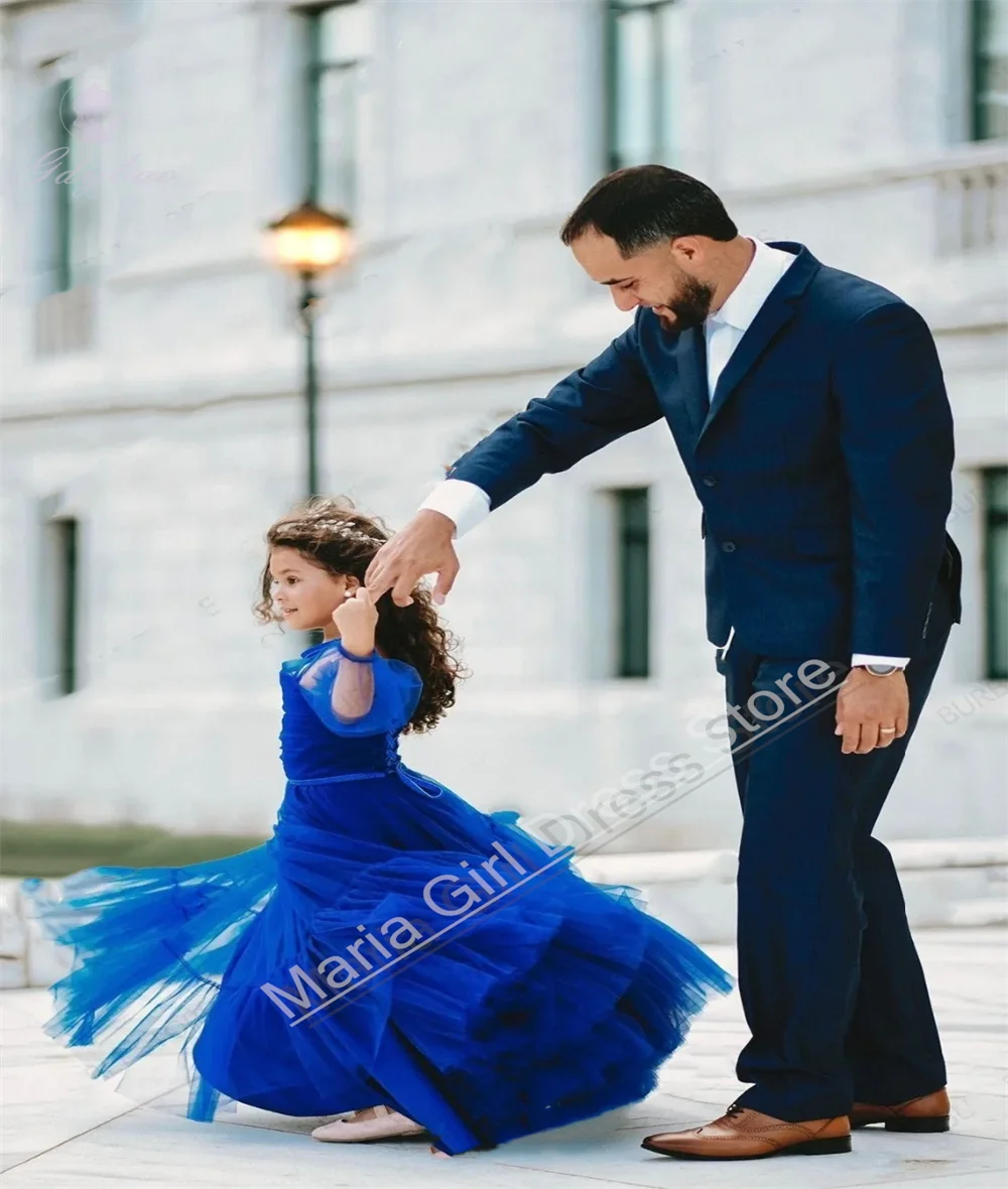 Royal Blue Elegance Flower Girl Dresses Tulle Puffy Ruffled Spaghetti Straps First Communion Party Gown Custom Made