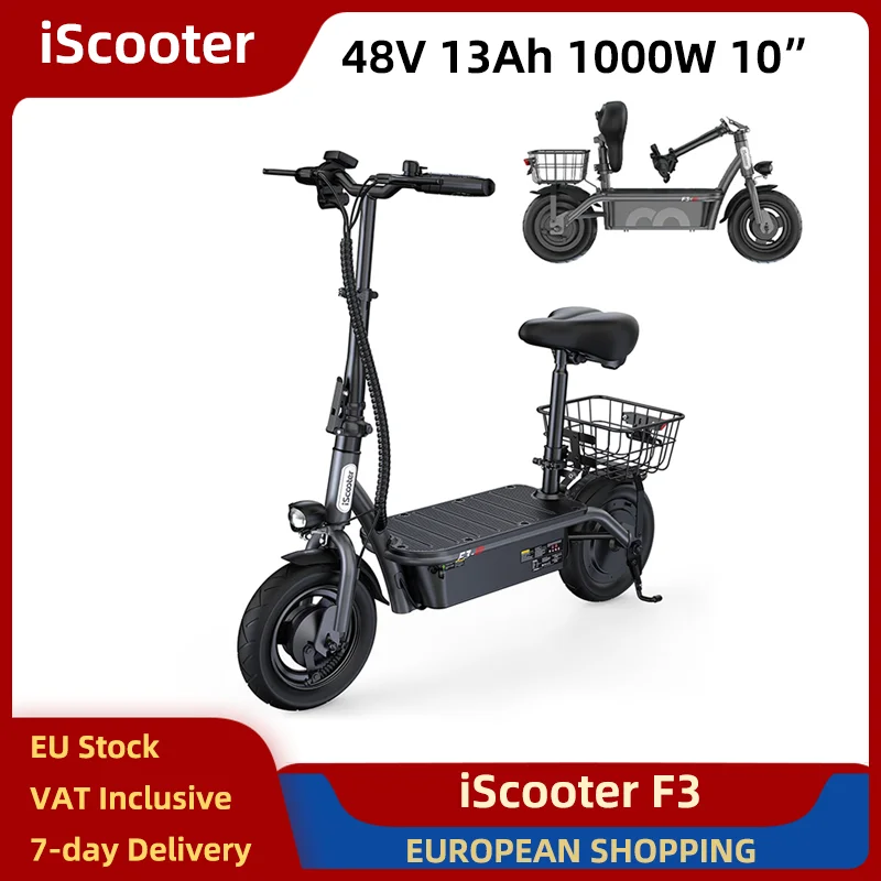 IScooter F3 Scooter électrique 1000W 48V 13Ah 10 "pneu à Air pliant e-scooter arrière avec panier de siège frein à disque 45 km/h 55-60km