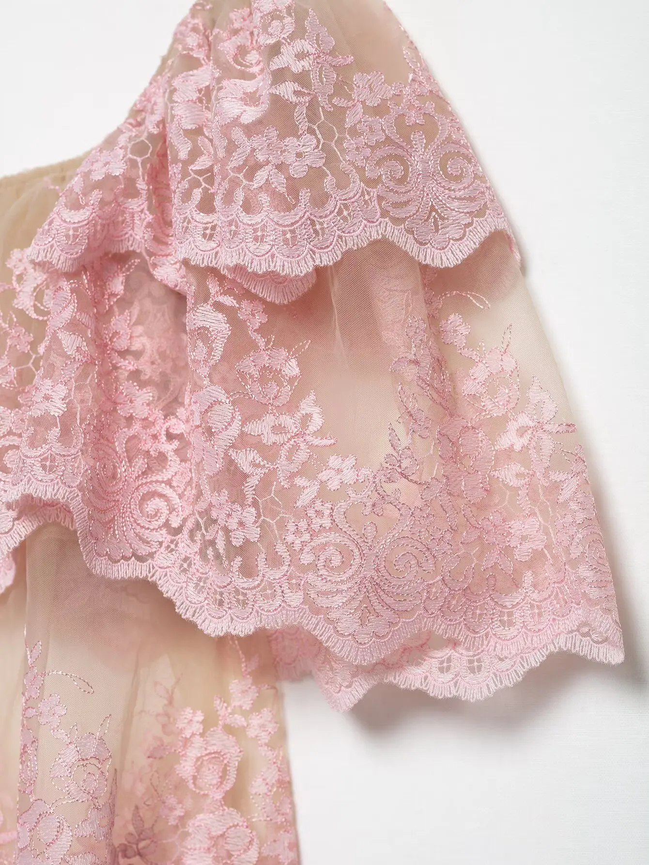 RARA Womens Layered Decor Embroidered Off The Shoulder Top Stylish Ruffled Lace Sleeve Design Ladies Fashion