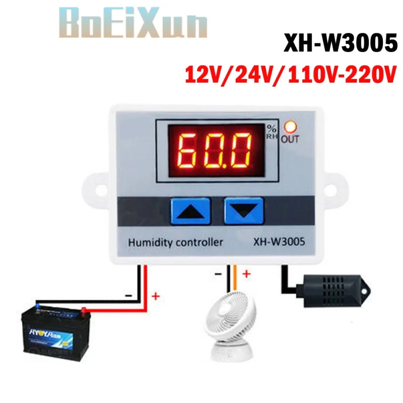 

0~99%RH XH-W3005 Digital Humidity Controller 220V 12V 24V Hygrometer Humidity Control Switch Hygrostat with NTC Humidity Sensor