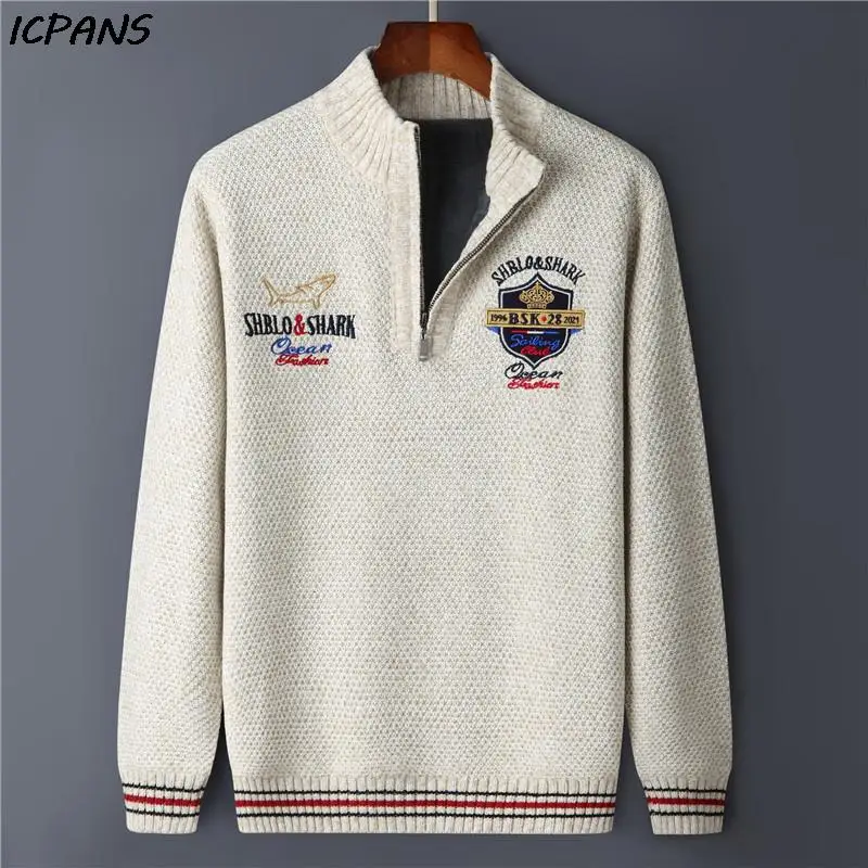 Fleece Warm Sweater Half Zipper Male Pullover Knitted Winter Mens Sweater White Cotton Clothes Vintage Red Black Knit Wear Coat