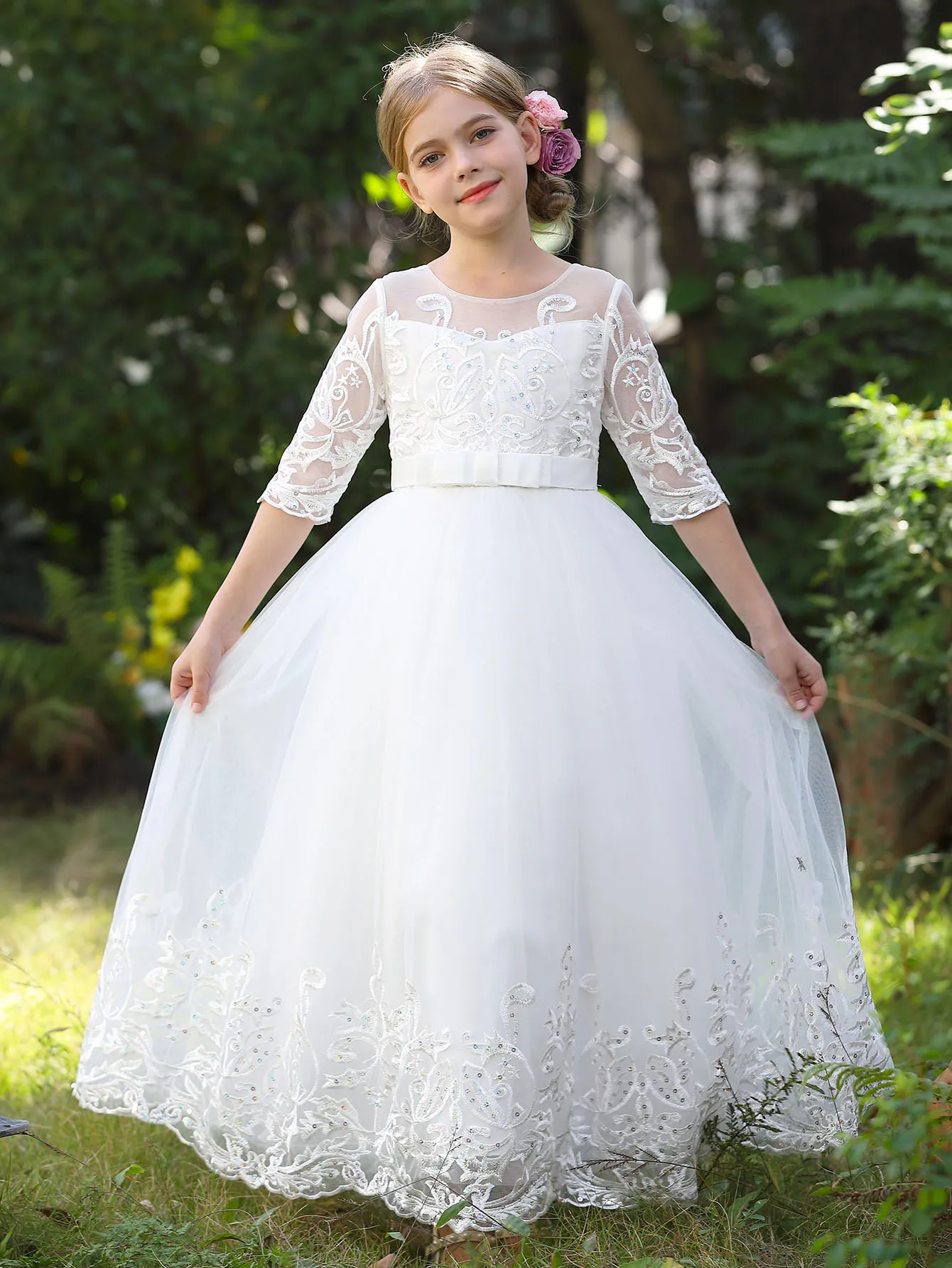

New Elegant Dress for Young Girls Flower Girl Wedding Dress Party Evening Princess Dress Lace Formal White Clothes 4 to 12 Years