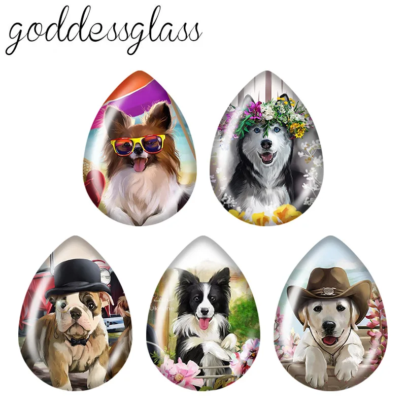 5pairs Cute Dog Love Pets collie Husky Hiromi Tear Drop Photo Glass cabochon flat back for DIY Earrings Jewelry Making Findings