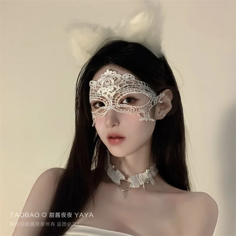 2pcs Lolita Lace Eye Mask Hollow-out Masquerade Cosplay Prom Christmas Nightclub White Black Fancy Dress Adjustable Sexy Gift view 5