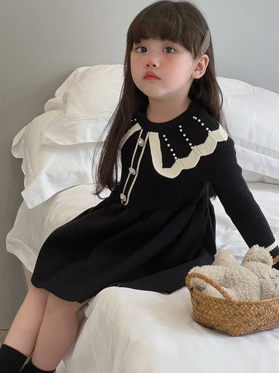 Girls Sweater Patchwork Dress Beaded Collar Lapel Winter Fall Dresses For Girls 2 3 4 5 6 7 8 9 10 Year White Black Clothing Kid