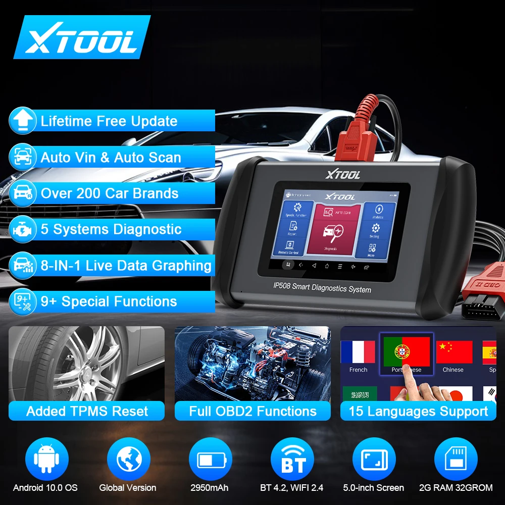 XTOOL InPlus IP508 OBD2 Cars Diagnostic Tools Automotive Scanner 5 Systems Diagnostics Lifetime Free Update Built-in CAN FD