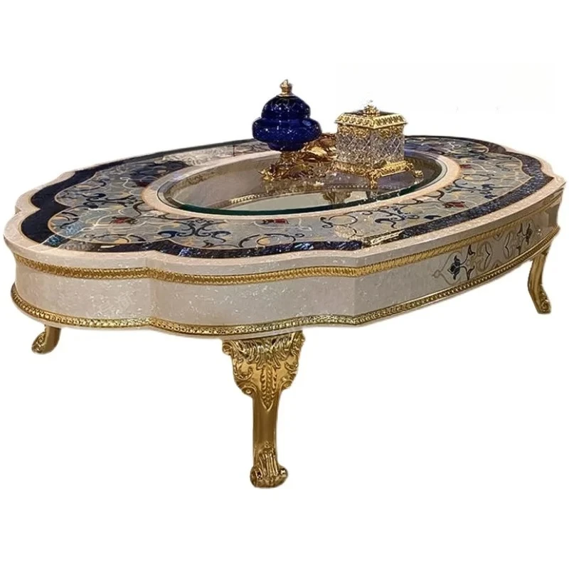 

French court color parquet oval tea table simple solid wood carving flower coffee table villa living room home