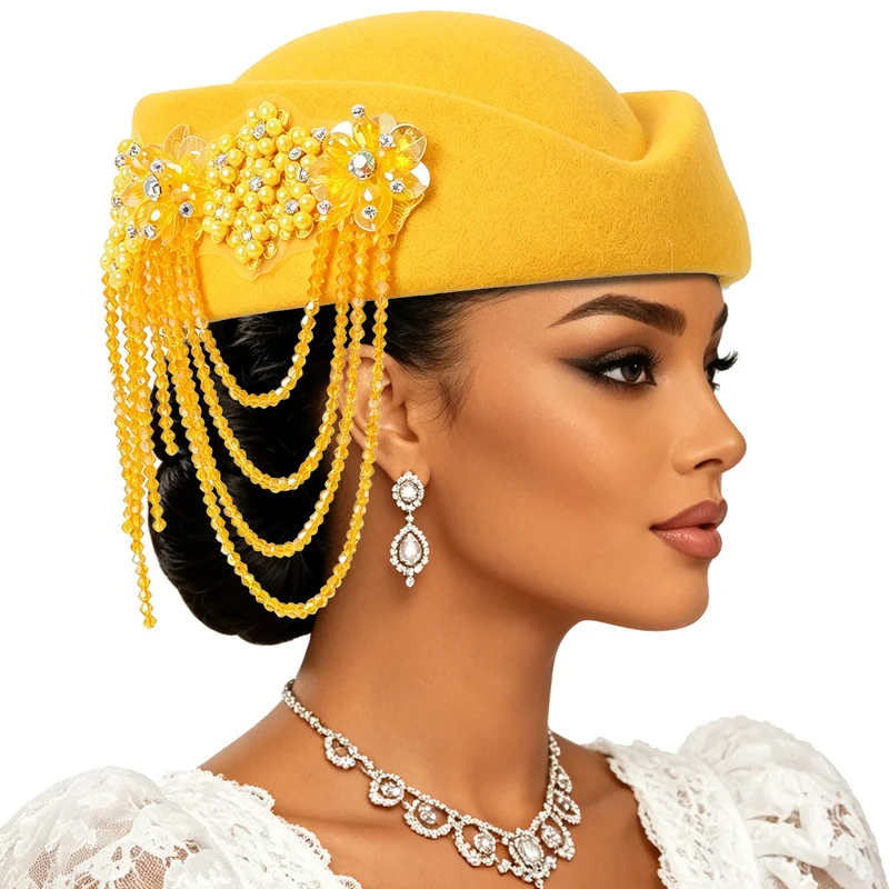 Church Costume Beret Floral Rhinestone Pearl Beaded Tassel Chain Formal Pillbox Hat Wedding Tea Party Bridal Dress CapUnisex