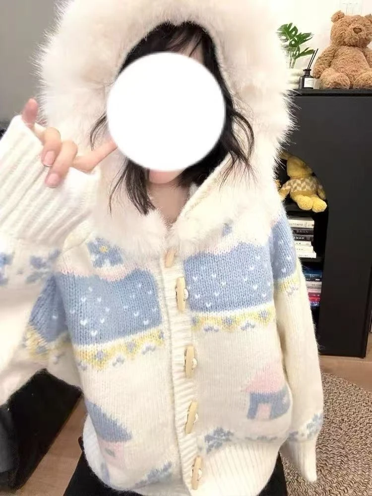 

Y2k японские кавайные свободные милые свитера кардиган 2000-х годов Harajuku принт новые зимние теплые топы винтажные милые свитера с капюшоном шикарные