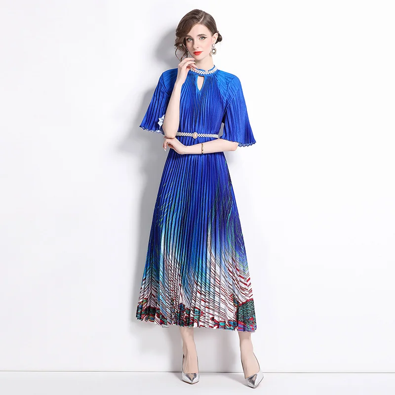 Miyake High End Nail Beads Printed Pleated Pearl Button Pleated Long Skirt Summer Dress Women Birthday Dress for Women Dresses