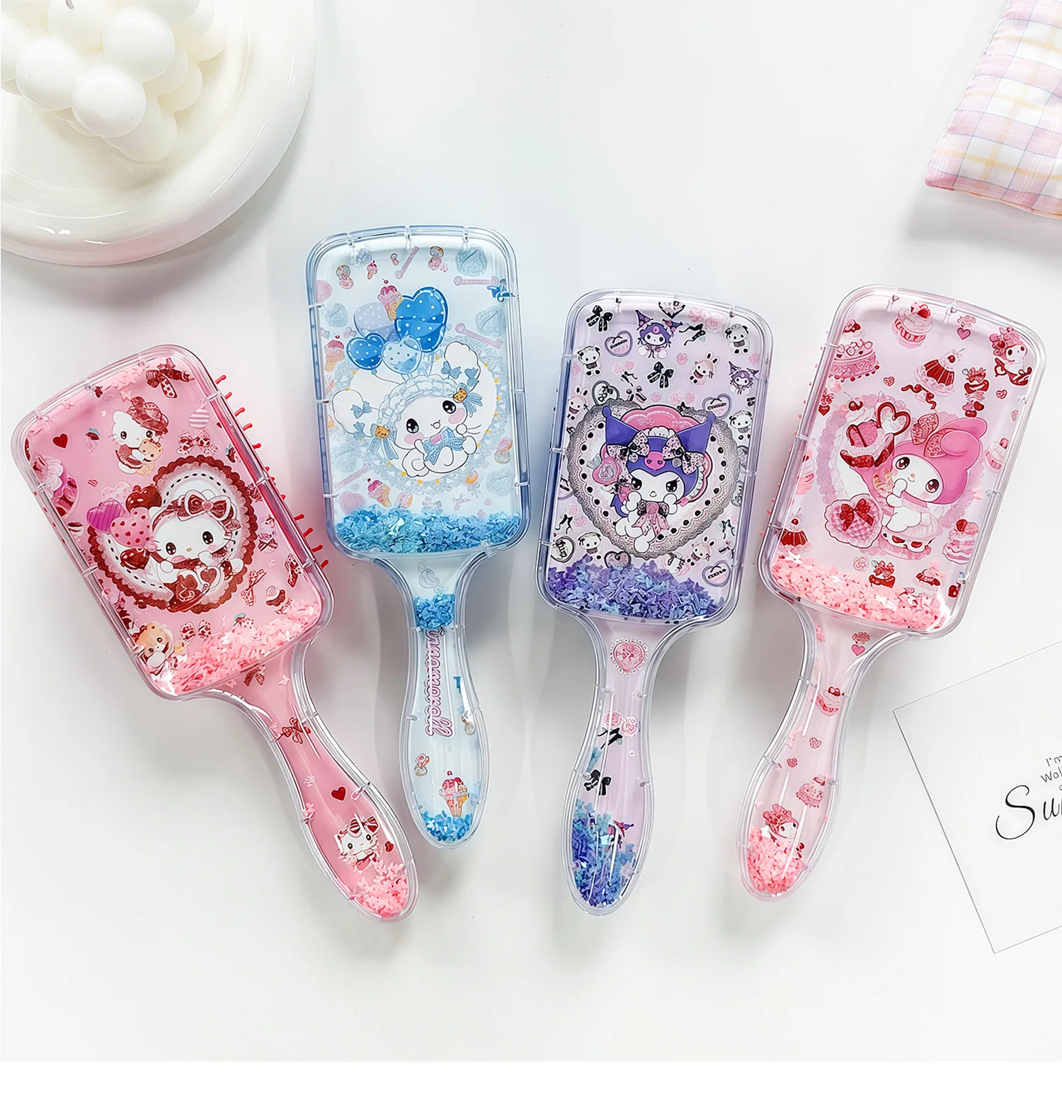 

1 шт. Расческа-щетка Hello Kitty Kuromi с воздушной подушкой и эффектом плавающих песчинок, для распутывания волос, инструмент для ухода за волосами, с милым дизайном