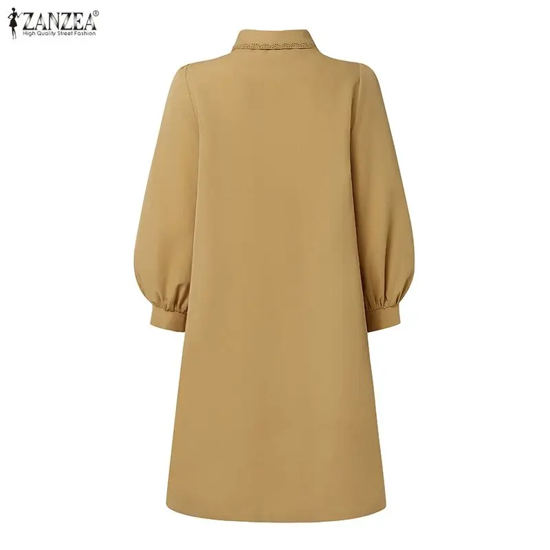 ZANZEA Women Sexy Mini Dress Summer Lapel Solid Color Short Sundress 3/4 Puff Sleeve Lace Holiday Vestidos Korean Street Robe
