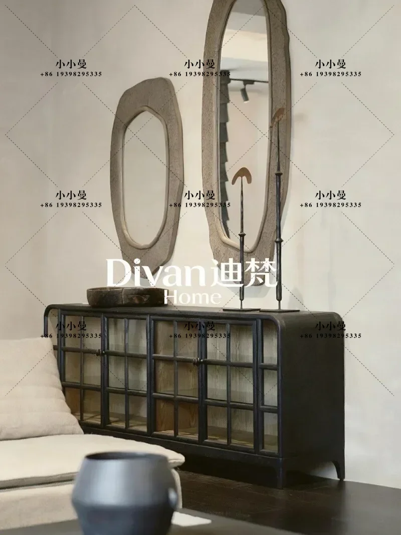 Medieval wabi sandy wind designer decorative glass door solid wood dining side cabinet