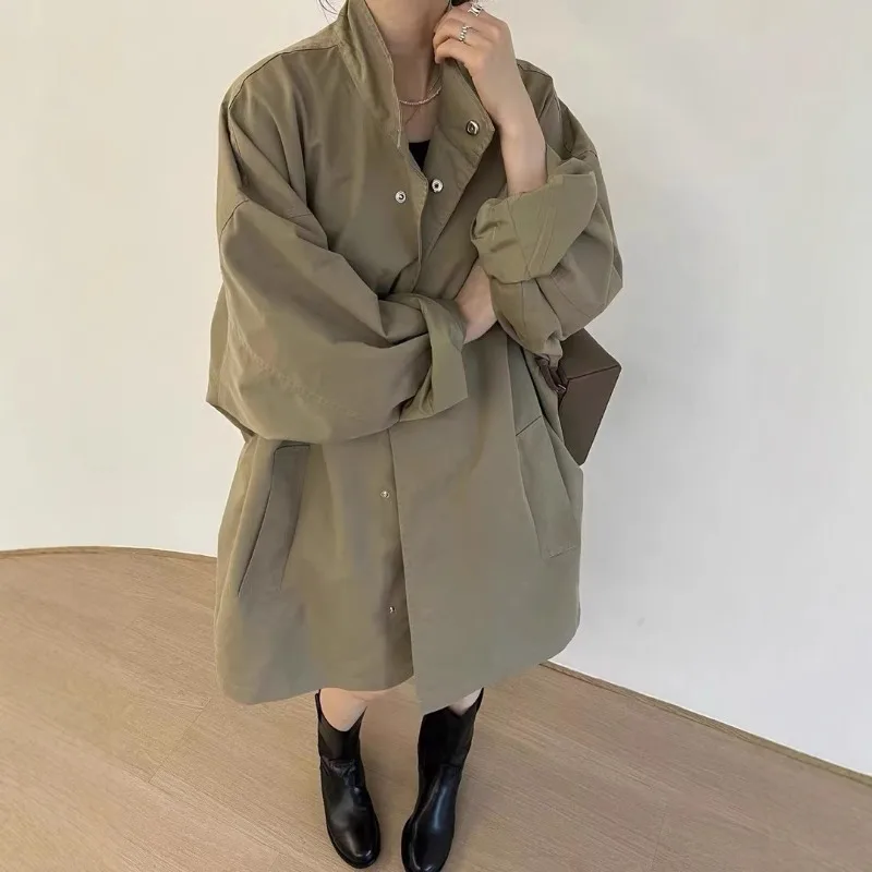 

Свободный повседневный шикарный тонкий стиль с длинными рукавами, ленивый стиль, воротник-стойка, женский плащ, куртка