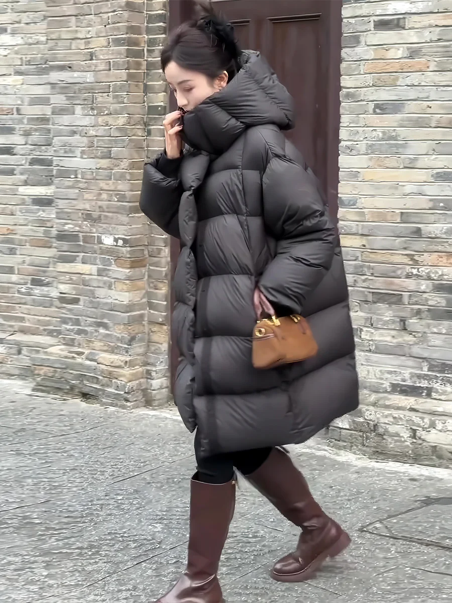 الكورية Sle فضفاضة المرأة منتصف طول مقنعين أسفل Jaet Bla شتاء دافئ جديد وصول الخبز معطف ملابس خارجية مريحة غير رسمية