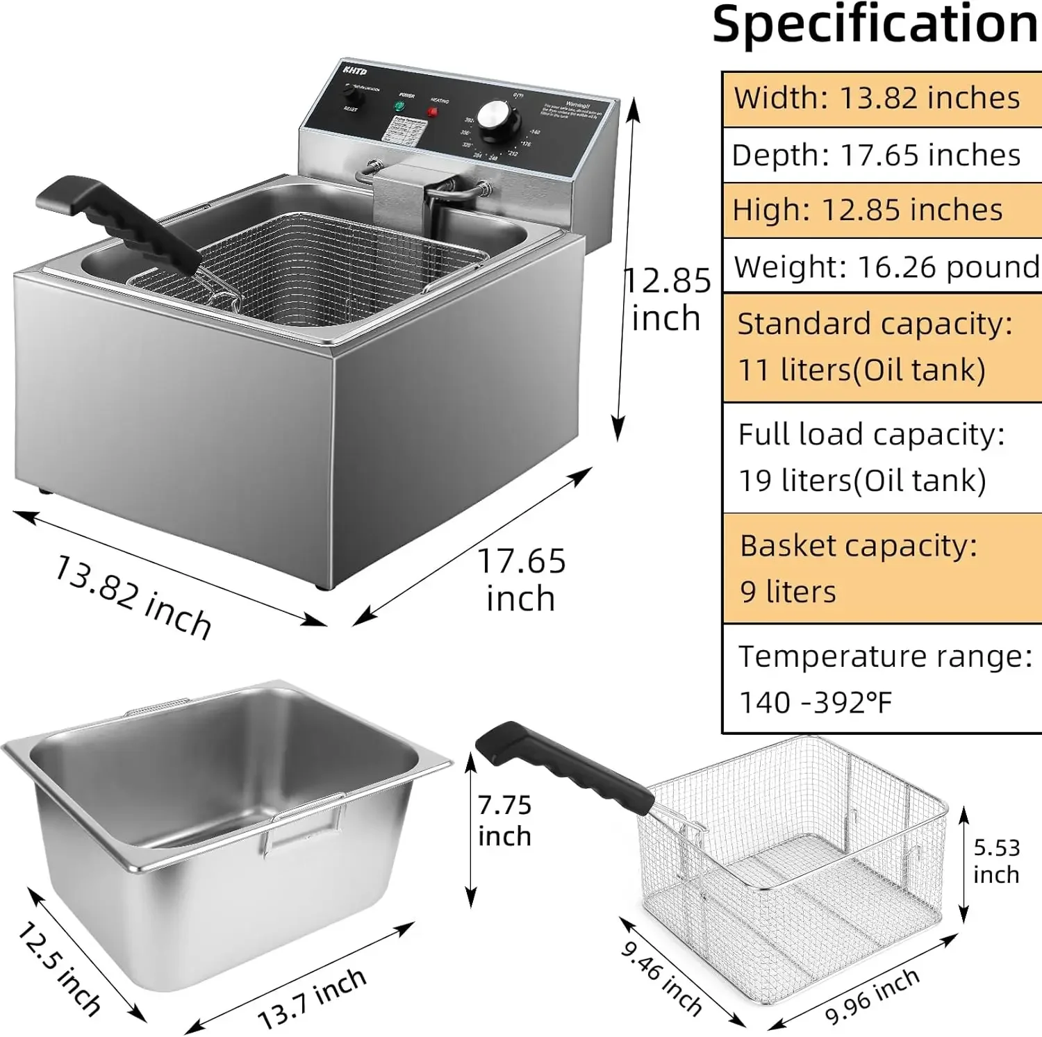 Deep Fryer, 11.6QT/11L Extra Large Electric Stainless Steel Oil Fryer with Baskets, with Temperature Contr