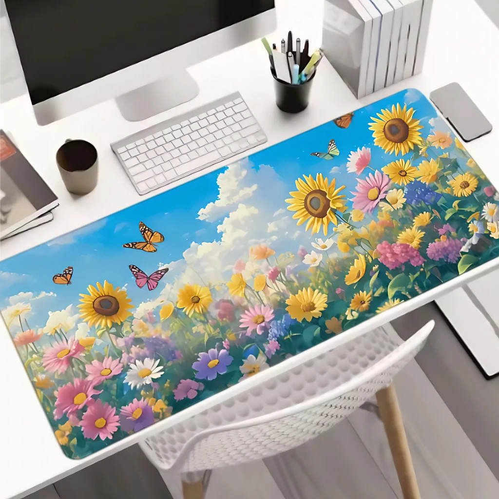 Butterfly Blue Sky Mouse Pad - Oversized desk pad, anti-slip rubber base, office and game mouse pad, bright floral design, durab