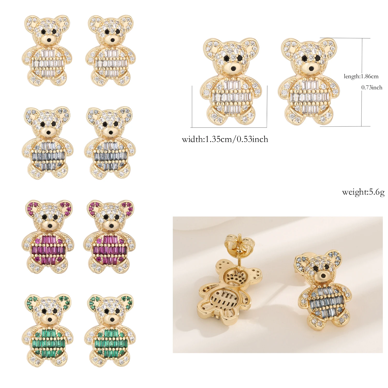 

Free Shipping Brand New 14K Gold-Plated Bear Earrings Inlaid with Colored Gemstones Fashionable Ladies Jewelry Anniversary Gift