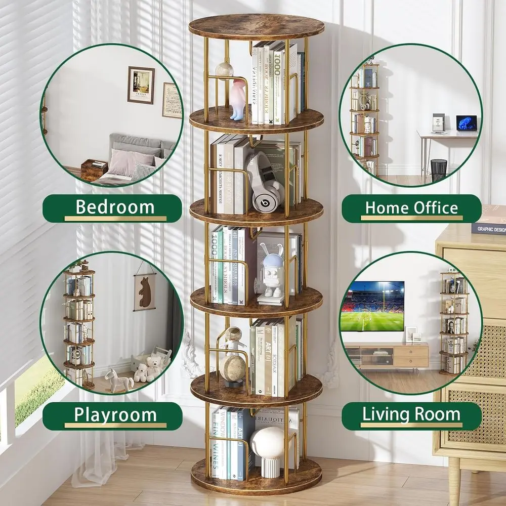 5Tier Rotating Bookshelf, 360 ° Display Stackable Spinning Bookshelf Tower,Round Space Saving Tall Floor Standing Swivel Bookcas