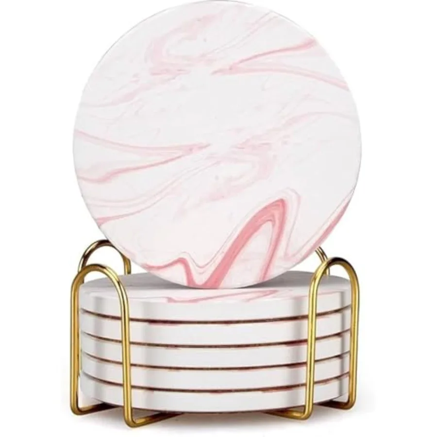 

Cute Marble Coasters Set of 6 Pack Stone Coffee Table Decor Absorbent Ceramic Cup Coaster with Holder Decorative Tea Bar Access