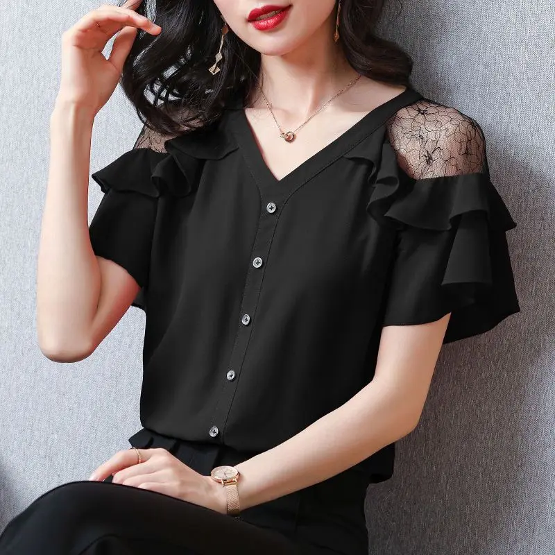 Office Lady Loose Stylish Ruffles Spliced Shirt Summer Off Shoulder Elegant Lace Hollow Out Female Clothing V-Neck Button Blouse