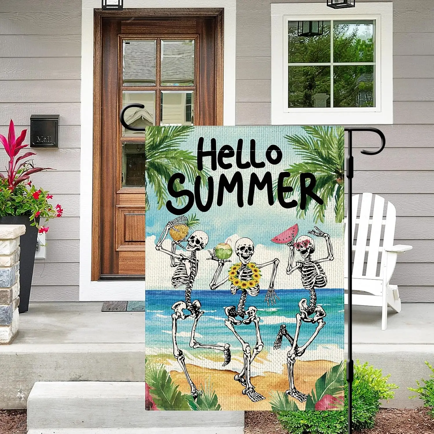 DLZDN Hello Summer Skeleton Garden Flag Funny Skull Garden Flag 12×18 Inch Double Sided Vertical Burlap Summer Coastal Seasonal